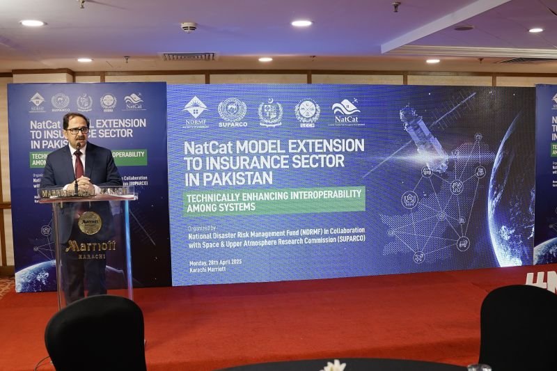 Bilal Anwar speaking at the NDRMF and SUPARCO event on extending the NatCat model to the insurance sector, Karachi