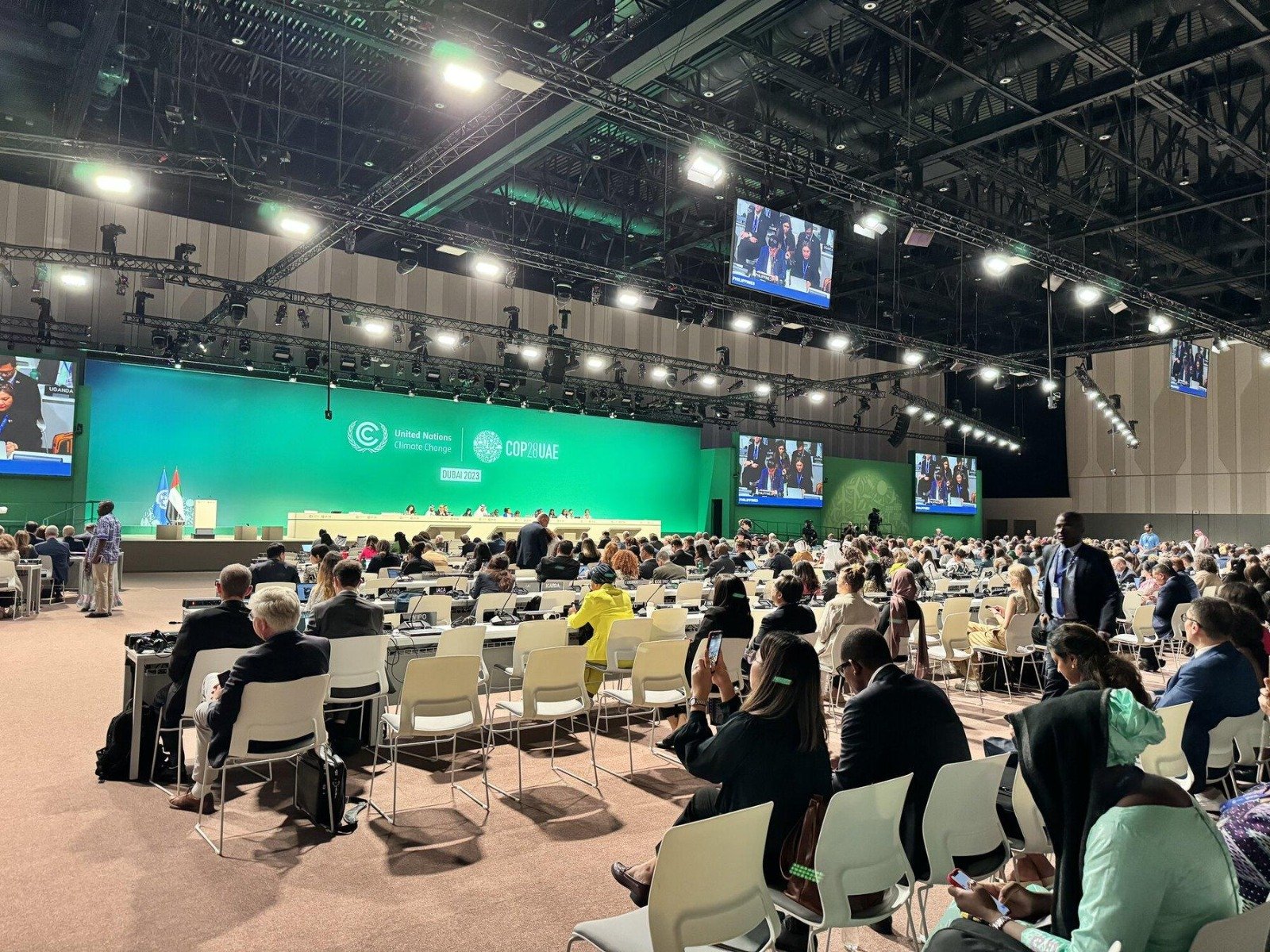 The COP28 plenary hall in Dubai during a negotiating session